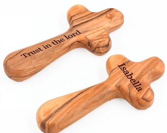 Personalized Olive Wood Cross: Engraved Christian Gift, First Communion