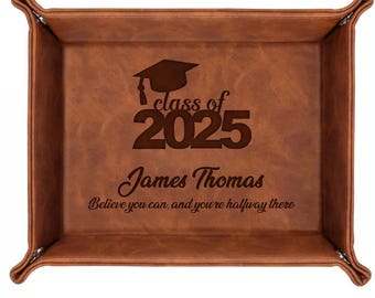 Personalized PU Leather Valet Tray Class of 2025 Graduation Gift with Engraved Name, Custom Graduation Leather Tray Organizer