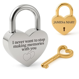May include: Heart-shaped silver padlock with the inscription "I never want to stop making memories with you" and two heart outlines. A gold heart-shaped padlock with "JAMES & MARY" engraved and a keyhole. A gold key is also present.