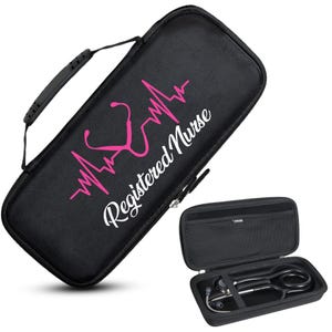 May include: Black stethoscope case with a pink stethoscope and heartbeat graphic, and the words "Registered Nurse" in white. The case has a handle and a zipper closure. An open case with a stethoscope inside is also shown.