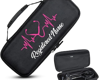 May include: Black stethoscope case with a pink stethoscope and heartbeat graphic, and the words "Registered Nurse" in white. The case has a handle and a zipper closure. An open case with a stethoscope inside is also shown.