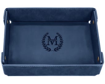 Engraved PU Leather Valet Tray for Men – Personalized Catchall with Custom Name – Organizer for Keys, Wallet, Jewelry, Desk, or Nightstand