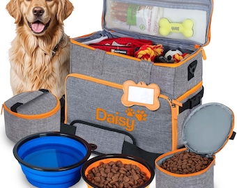 Customized Dog Travel Bag with Embroidered Name - Personalized Pet Travel Bag Organizer with 2 Food Containers & Collapsible Bowls