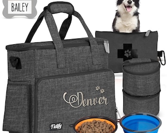 Customized Dog Travel Bag with Embroidered Name - Personalized Pet Travel Bag Organizer with 2 Food Containers & Collapsible Bowls-Charcoal