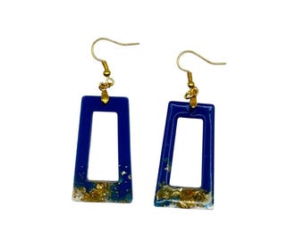 Ocean Luxury Resin Earrings: Blue Gold Leaf Square Jewelry