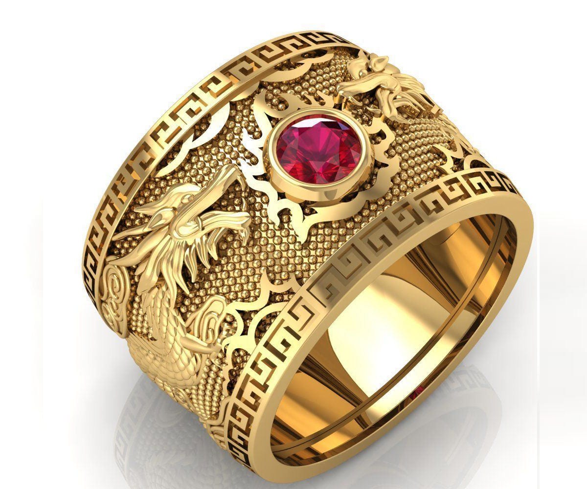 Golden Dragon Ring Wide Band Red Mens Ring Gift for Man Large Etsy Canada
