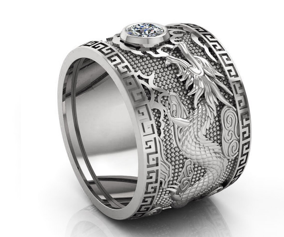 Diamond Dragon Ring Solid Gold Wide Band Mens Ring Gift for Etsy