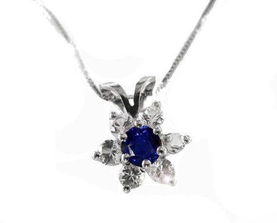 Girls Chatham Created Blue Sapphire September Birthstone Rhodium-Plated 14k White Gold Pendant Necklace 14
