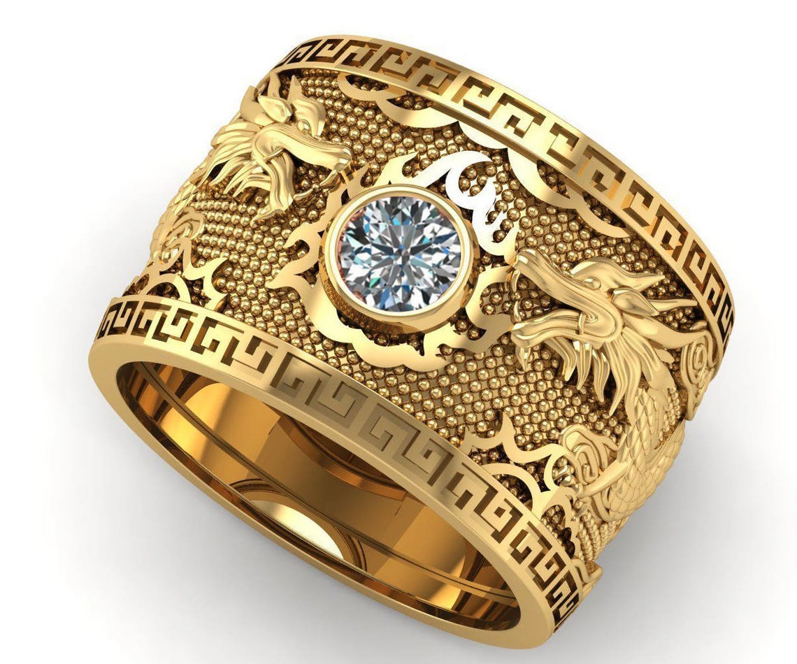 Diamond Dragon Ring Solid Gold Wide Band Mens Ring Gift for Etsy