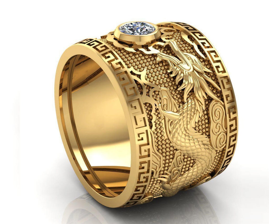 Diamond Dragon Ring Solid Gold Wide Band Mens Ring Gift for Etsy