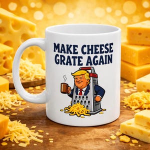 May include: White ceramic mug with the text "MAKE CHEESE GRATE AGAIN" in blue. The mug features a cartoon illustration of a person holding a cup of coffee, standing behind a cheese grater, with grated cheese at the bottom. Cheese and cheese blocks are in the background.