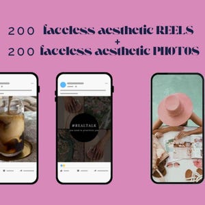 Può includere: Tre immagini che mostrano esempi di reel ed immagini estetiche senza volto. La prima immagine mostra un bicchiere di caffè freddo su un piattino dorato. La seconda immagine mostra un collage di quattro foto sullo schermo di un telefono. Il testo sullo schermo recita "#REALTALK you need to prioritize you". La terza immagine mostra una persona con un cappello rosa sdraiata su una superficie bianca con una rivista e occhiali da sole.