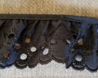 12 yards DIY gathered eyelet lace embroidery  2" ruffled in black poly cotton embroidery  for baby couture, bedding, blankets, decor