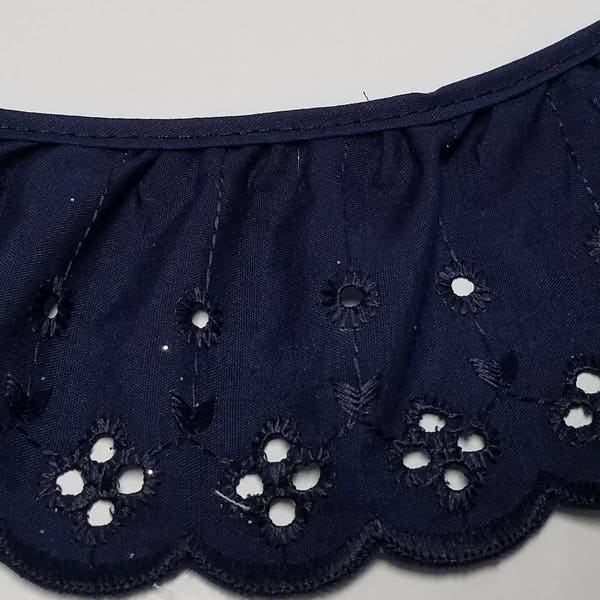6 yards  navy gathered eyelet lace ruffles DIY 3" poly cotton sewing fabric trim for baby couture, blankets, bedding