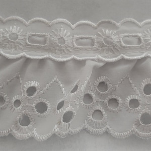 6  yards Ruffled eyelet white gathered 2" sewing embroidery fabric trim  for couture, baby, doll clothes and accessories