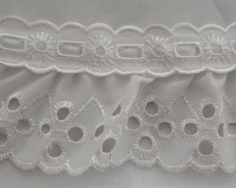 5 1/2  yards Ruffled eyelet white gathered 2" sewing embroidery fabric trim  for couture, baby, doll clothes and accessories