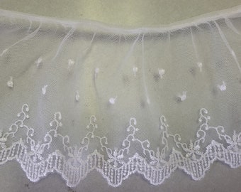 Gathered embroidered Mesh lace ruffled trim 5 yards white or ivory, 4" for altered art, couture, decor, baby blankets and more