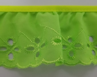 12 yards ruffled embroidered gathered Eyelet lace Lime Green  for altered couture, baby clothes and blankets, dolls, accessories