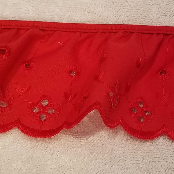 eyelet Lace gathered 5 yards embroidery ruffles in red DIY  gathered embroidered trim 3"  for baby couture, blankets, bedding