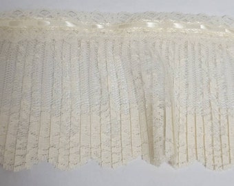 5 yards DIY Crystal Pleated Ivory Lace with Beading for couture or decor