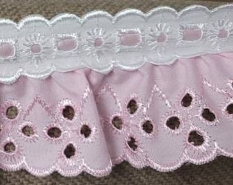 5 yards DIY ruffled beaded eyelet pink gathered 2" sewing embroidery fabric trim  for couture, baby, doll clothes and accessories