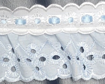 5  yards DIY ruffled beaded eyelet blue gathered 2" sewing embroidery fabric trim  for couture, baby, doll clothes and accessories