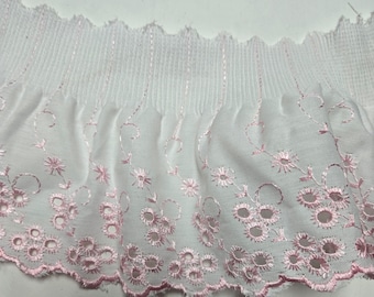 5 yards wide stretch pleated Eyelet cotton Fabric Sewing Lace trim white and pink  5" for baby clothes, blankets and accessories DIY
