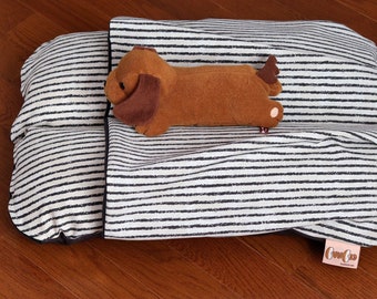 Black White Stripes Outdoor Fabric Bunbed Dachshund Dog Bed, pocket cover Burrow Snuggle Sack Fleece, Small Dog Bun Bed Striped