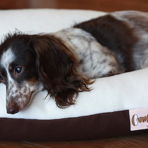 BUNBED, Dachshund Dog Bed, Burrow Bed, White Ivory Plush & Brown Fleece Dog Bed, Small Dog Bed, Dachshund Bed, Wiener Dog Gift