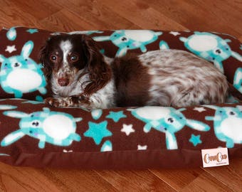 Dachshund Dog Bed, BUNBED, Cute Kawaii Blue Bunny Bunnies on Brown Fleece, Hot Dog Bun bed, Dachshund Bunny Lover Gift