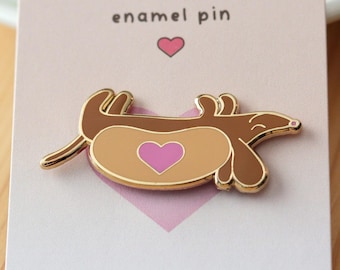Larger Bun Pup Dachshund - Gold - Enamel Lapel Pin 1.7" 4.5 cm Love Heart Hot Dog Bun Bed Dachshund Jewelry Gift