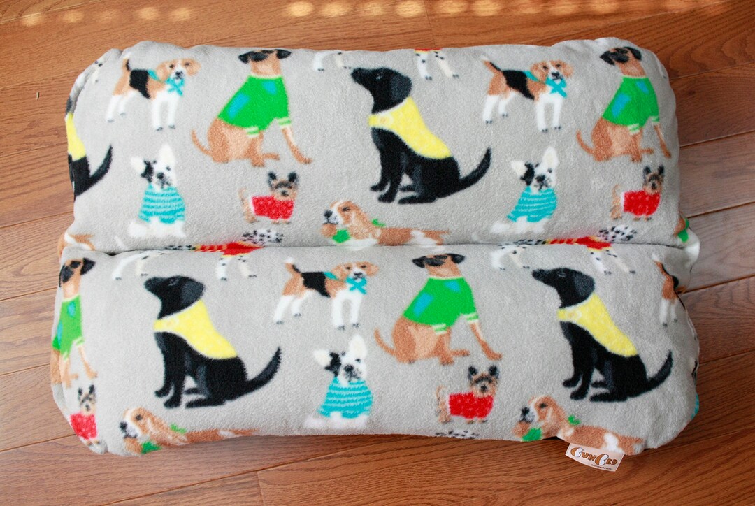 Dog Bed, Dachshund Dog Bed, BUNBED, Dogs in Sweaters on Gray Fleece, Lab Chihuahua Yorkie Print