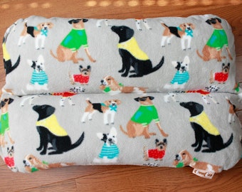 Dog Bed, Dachshund Dog Bed, BUNBED, Dogs in Sweaters on Gray Fleece, Lab Chihuahua Yorkie print, Hot Dog Bed, Bun bed, Black dog bed