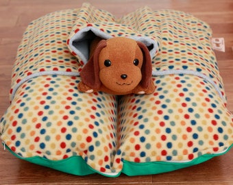 Bunbed Dachshund Dog Bed, BUNBED w/ COVER Burrow Snuggle Sack Pocket Bed, Rainbow Dots, Fleece, Dog Bed