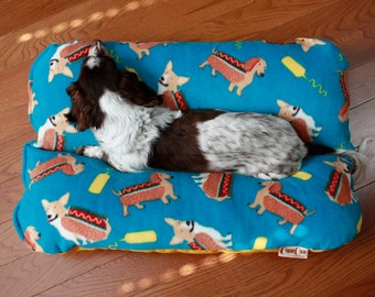 Blue Corgi and Dachshund Hotdogs Dog Bed, BUNBED, Yellow Turquoise, Hot Dog Bed, Bun bed, Funny Cartoon
