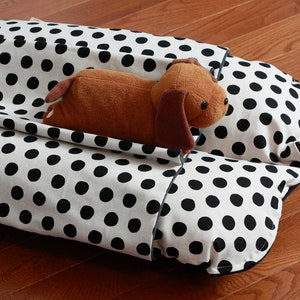 Black Polka Dot Linen Style Bunbed Dachshund Dog Bed, with cover Burrow Snuggle Sack Fleece Pocket Bed, Small Dog Bun Bed
