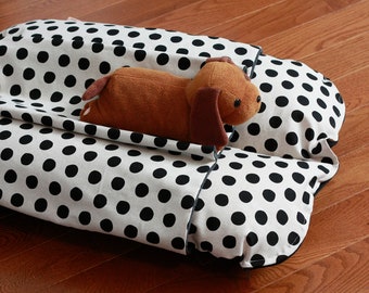 Black Polka Dot Linen Style Bunbed Dachshund Dog Bed, with cover Burrow Snuggle Sack Fleece Pocket Bed, Small Dog Bun Bed