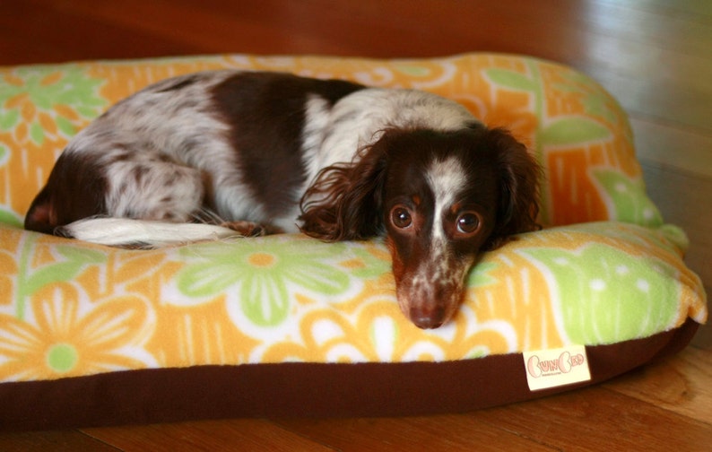 Small Breed Dog Bed Bunbed Dachshund Dog Bed Yellow Green Mod Flowers Fleece Mid Century Dog Bed