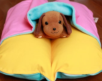 Colorful 80s Turquoise Pink Yellow Aqua Blue Bunbed Dachshund Dog Bed, Burrow Snuggle Sack Fleece Pocket, Small Breed Bun