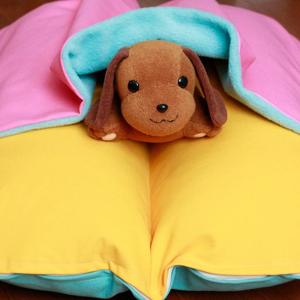 Colorful 80s Turquoise Pink Yellow Aqua Blue Bunbed Dachshund Dog Bed, with cover Burrow Snuggle Sack Fleece Pocket Bed, Small Dog Bun Bed