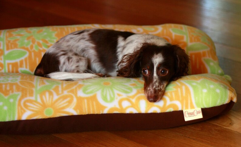 Small Breed Dog Bed Bunbed Dachshund Dog Bed Yellow Green Mod Flowers Fleece Mid Century Dog Bed