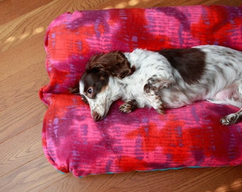 Dachshund Dog Bed, BUNBED, Tie Dye Batik Pink Red Orange Teal Fleece, Hot Dog Bed, Bun bed, Hippie, Dachshund Lover Gift