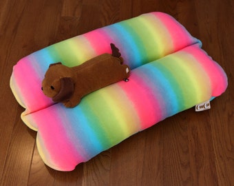 Neon Rainbow Fleece, Turquoise Aqua Blue Bunbed Dachshund Dog Bed, Hot Dog Bed, Colorful LGBTQ Pride Dog Bed