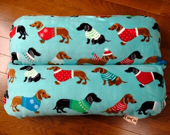 Holiday Bunbed - Sweater Doggos on Turquoise Aqua Fleece w/ Brown, Dachshund Dog Bed, Hot Dog Bun bed, Dachshund Lover Gift