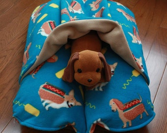 Bunbed Dachshund Corgi Dog Bed, w/ cover Burrow Snuggle Sack Pocket Bed, Blue Tan Brown Fleece, Small Dog Bun Bed, Dachshund Lover Gift