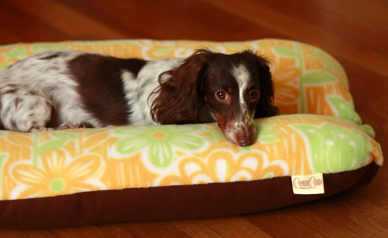 Small Breed Dog Bed Bunbed Dachshund Dog Bed Yellow Green Mod Flowers Fleece Mid Century Dog Bed