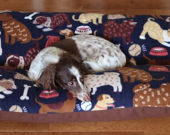 Bunbed Dogs on Navy Blue Fleece, Dachshund Dog Bed, Burrow Hot Dog Bun Bed, Dachshund Lover Gift