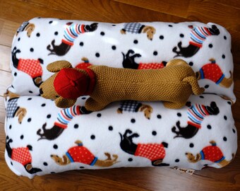 Bunbed - Sweater Doggos on White Fleece with Red, Dog Bed, Dachshund Dog Bed, Hot Dog Bun bed