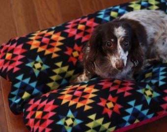 Quilt Patchwork Print, Dachshund Dog Bed, BUNBED, Geometric Colorful Black & Magenta Pink, Hot Dog Bed, Bun bed, Dachshund Lover Gift