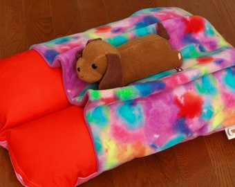 Colorful Painterly Orange Pink Bunbed Dachshund Dog Bed, with cover Burrow Snuggle Sack Fleece Pocket Bed, Small Dog Bun Bed